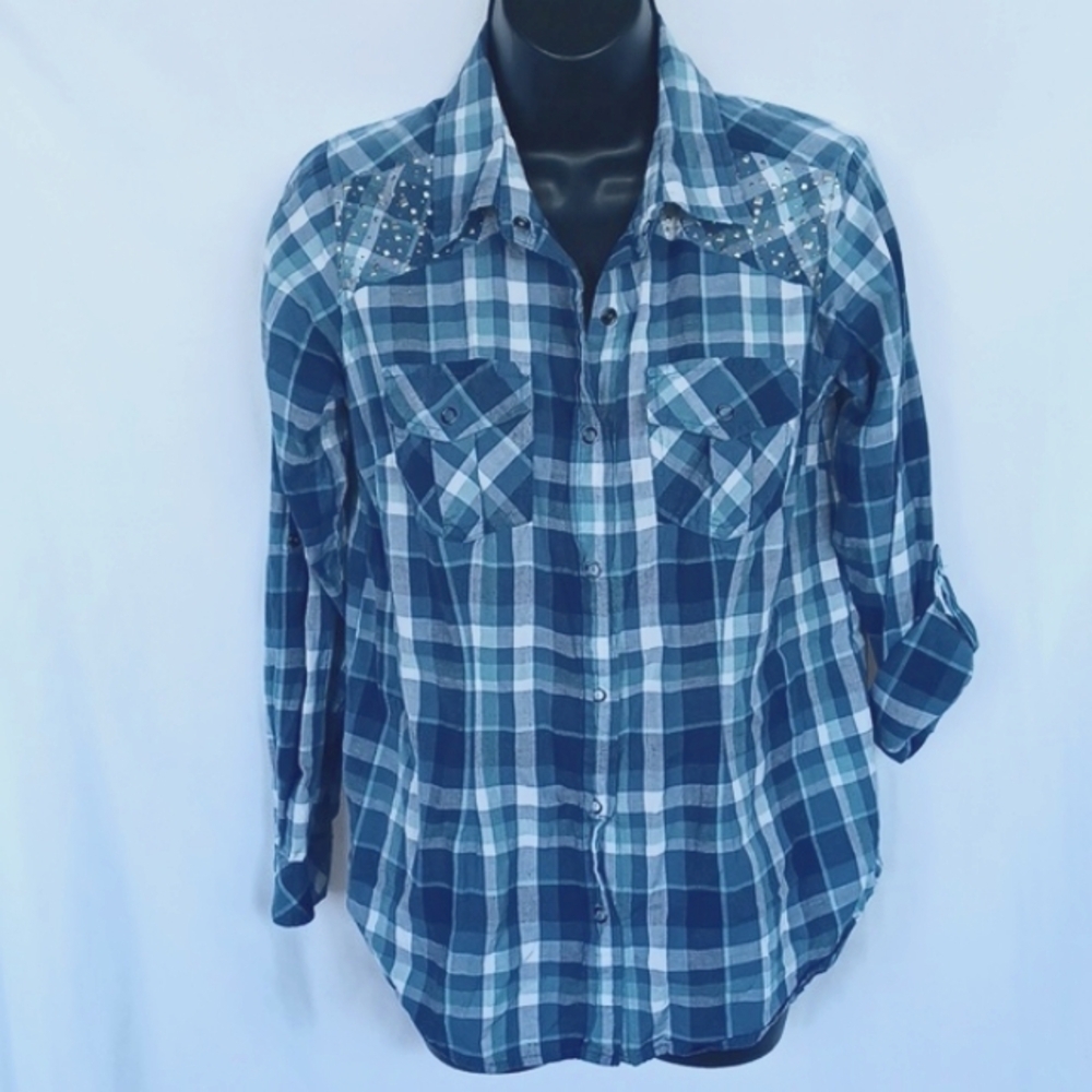 Overdrive Western Blue Plaid Cotton Snap closure Shirt, cowgirl